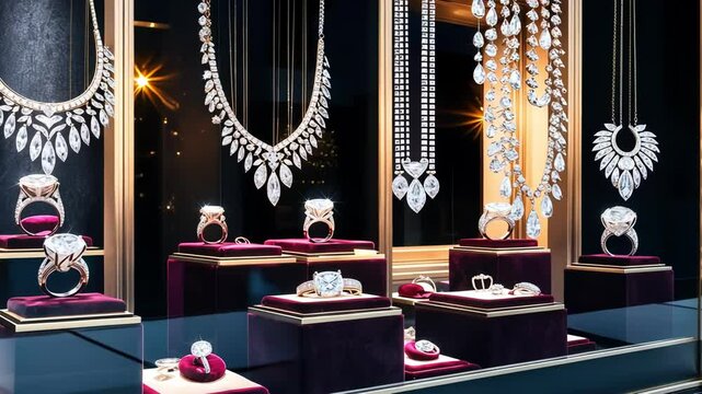A showcase of luxurious jewelry, including rings and necklaces, featuring an elegant display in a retail environment