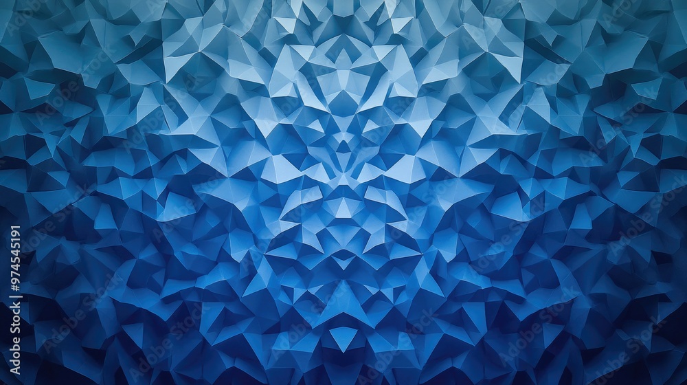 Poster symmetrical geometric pattern formed by a cluster of triangular shapes in a soothing blue gradient