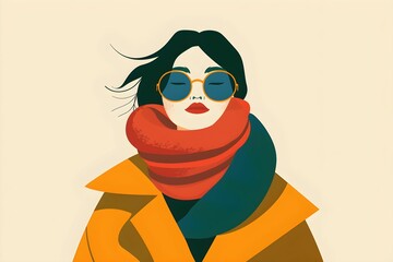 Flat design illustration of woman in winter outfit with oversized scarf
