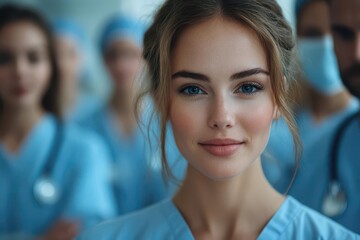 Fototapeta premium diverse team of medical professionals in modern hospital focus on confident young nurse stateoftheart equipment compassionate care environment