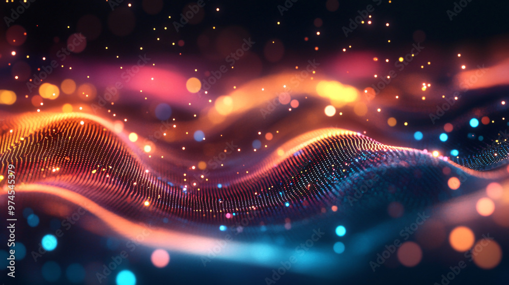 Poster Captivating digital wave with sparkling particles and dreamy bokeh creates a vibrant, futuristic setting ideal for tech or science backgrounds