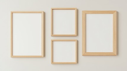Three different sizes of wooden picture frames arranged in a stylish gallery wall layout on a neutral background