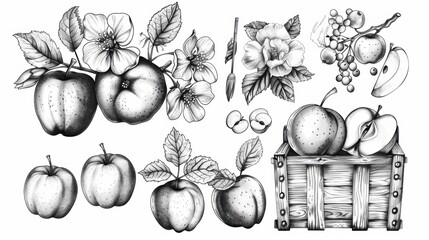 Line drawing of apple fruit, flower, plant, leaf