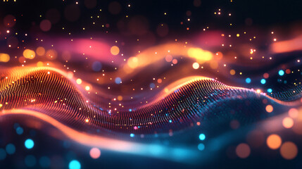 Captivating digital wave with sparkling particles and dreamy bokeh creates a vibrant, futuristic setting ideal for tech or science backgrounds