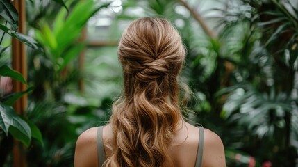 Fototapeta premium Woman with a half-up, half-down hairstyle, soft waves cascading down, set in a botanical garden environment