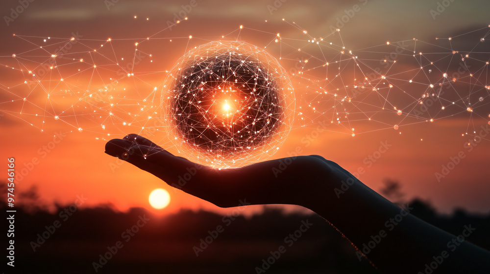 Poster Hand holding a glowing global network at sunset with a network of connections across the sky