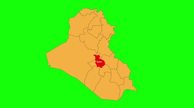 Babil map animated video. The location is highlighted on the Iraq map. Colour map with Green screen background in video format.	
