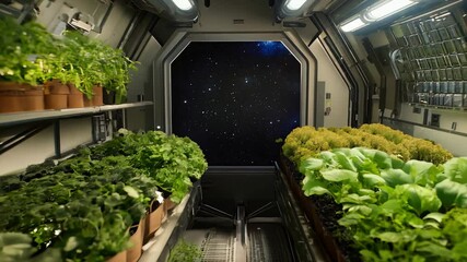 Futuristic Space Greenhouse with Vibrant Plants and Starry Background - Powered by Adobe