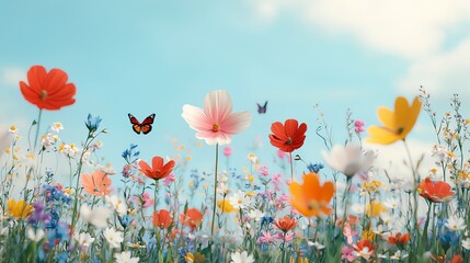 Obraz premium A vibrant field of colorful flowers dancing under a bright blue sky, with butterflies fluttering among the blooms, creating a serene scene.