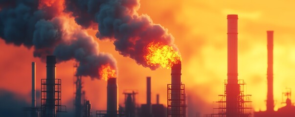 Obraz premium A vibrant industrial landscape at sunset, showcasing smoke and flames rising from factory chimneys, highlighting pollution issues.