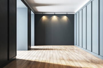 Modern gallery interior with spotlighting and wooden floor. 3D Rendering