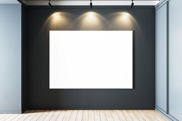 Modern gallery interior with blank canvas on dark wall. 3D Rendering