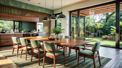 Interior design of modern dining room, dining table and wooden chairs. 3d rendering
