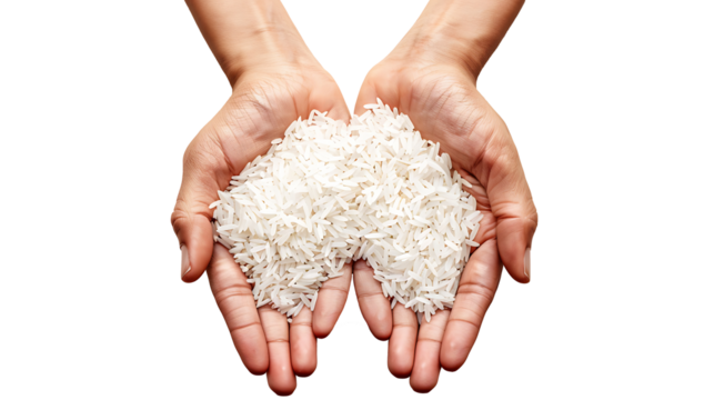 White rice in two hands, on white background