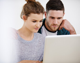 Investment, home or couple on laptop for choice, reading online article on interior design website. Plan, house rental option or people typing on technology for renovation research, mortgage or loan