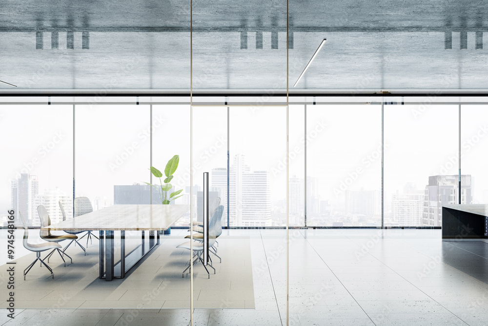 Poster modern office interior with glass partitions and city view. 3d rendering