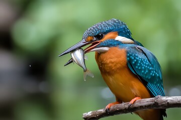 Obraz premium A stunning close-up of a kingfisher with a small fish in its beak, perched on a branch over the water