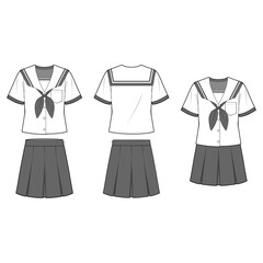 Technical flat sketch of a high school uniform design template. A sailor-collared shirt with a button-down front and large bow necktie, paired with an inverted pleated mini skirt.