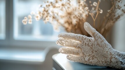 Delicate Lace Gloves Framed by Soft Floral Arrangements