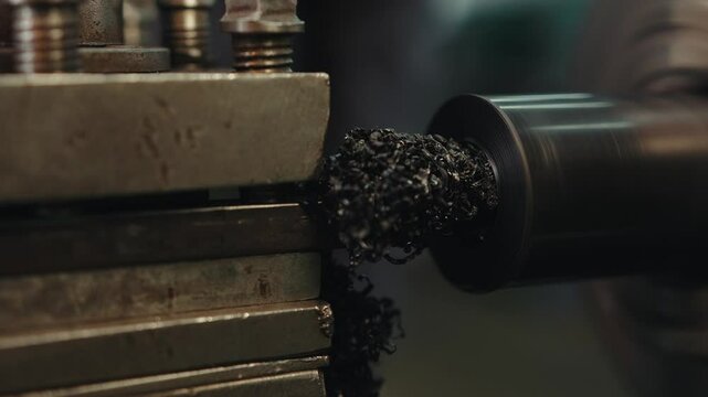 Macro shot of turning a plastic part on a lathe undercut of the internal part of the part