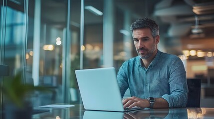 Fototapeta premium Man Working on Laptop in Modern Office Setting