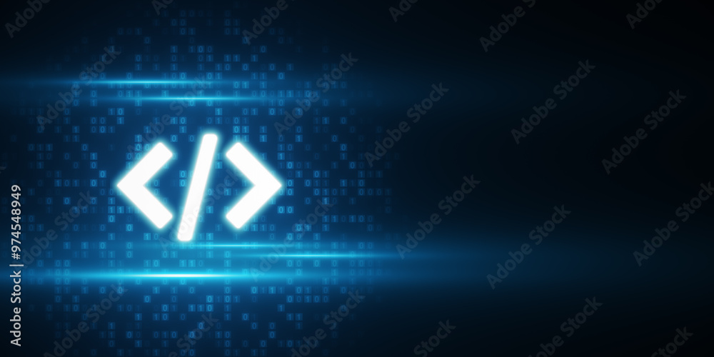 Poster Glowing Coding Icon on Digital Binary Background. 3D Rendering