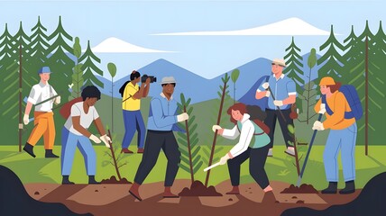 Illustration of National Public Lands Day with a diverse group of people from different backgrounds and ages