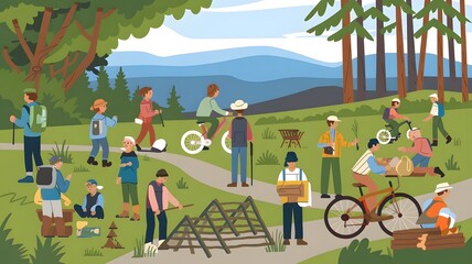 Illustration of National Public Lands Day with a diverse group of people from different backgrounds and ages