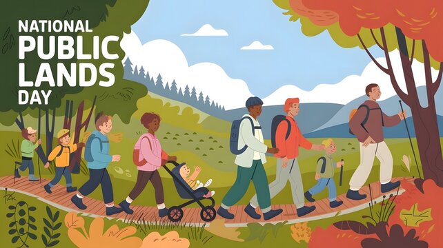 Illustration of National Public Lands Day with a diverse group of people from different backgrounds and ages - Powered by Adobe