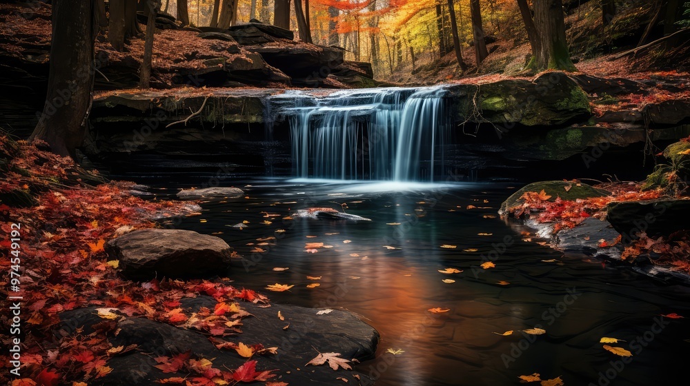 Poster vibrant fall leaves in water