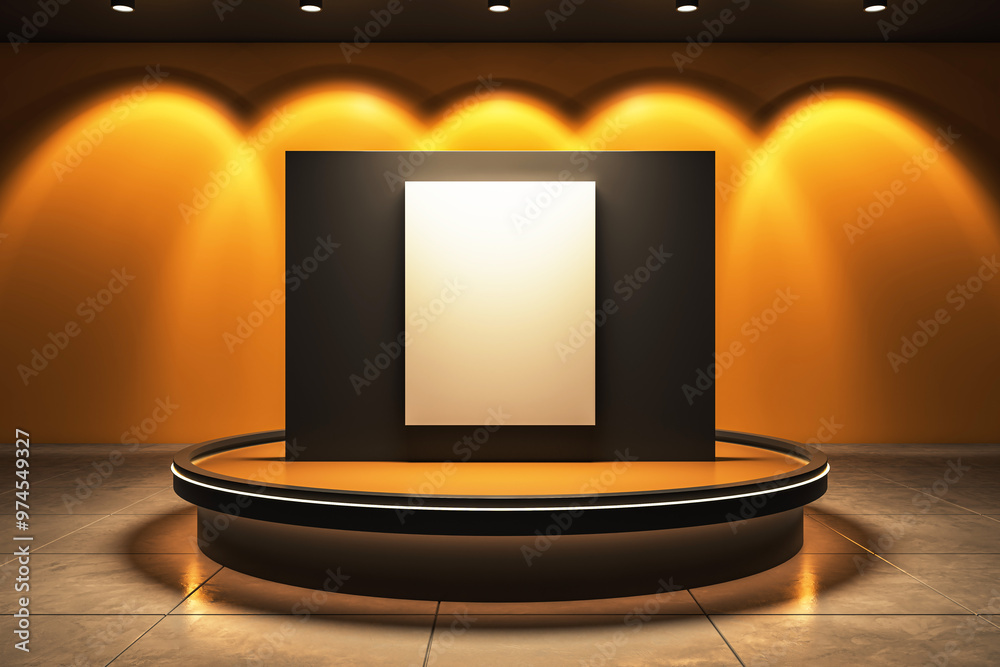 Aufkleber modern exhibition stand with blank vertical canvas in an orange-lit room. 3d rendering