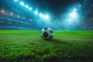 dramatic night soccer stadium floodlights illuminating lush green pitch classic black and white ball centered casting long shadow empty stands anticipation in the air