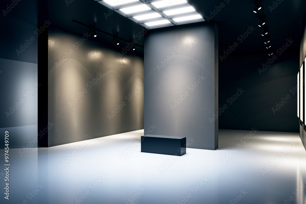 Aufkleber modern gallery interior with blank walls and seating bench. 3d rendering