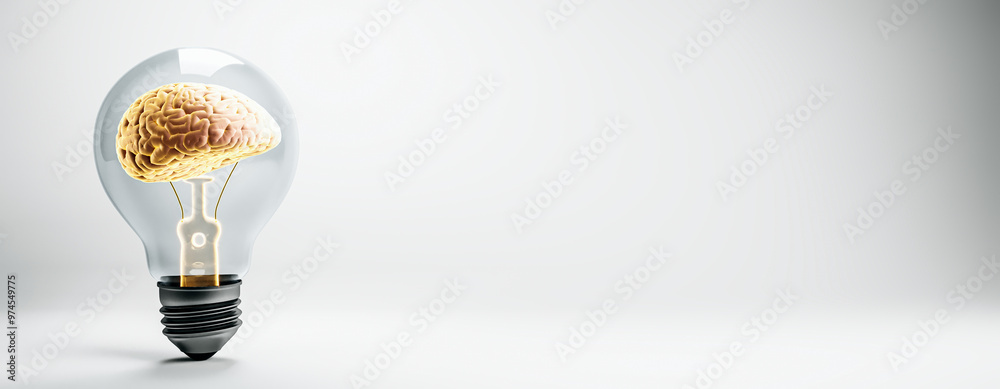 Poster Brain inside lightbulb on a clean background. 3D Rendering