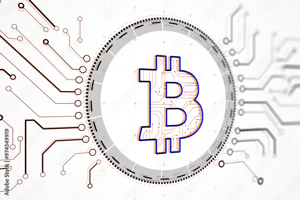 Aufkleber Bitcoin symbol with circuit board design, futuristic look, on a white background. Concept of digital currency and blockchain technology. 3D Rendering