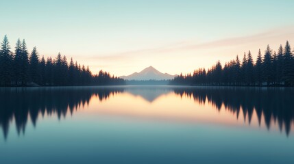 Fototapeta premium Serene lake reflecting trees and mountains at dawn, showcasing nature's beauty and tranquility during sunrise.