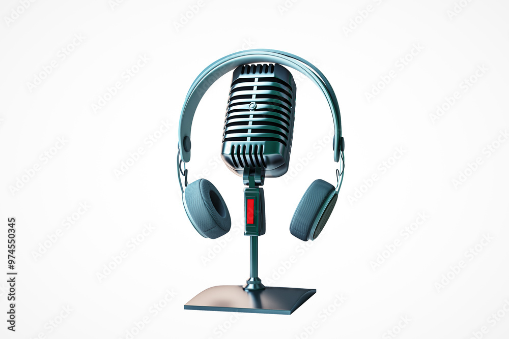 Poster retro-style microphone with teal headphones on a white background. modern, isolated concept of audio