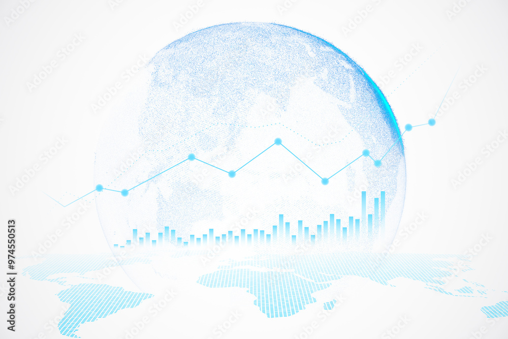 Poster digital globe with bar and line charts, light background, concept of business and technology, creati