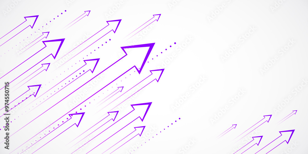 Poster Purple arrows pointing upwards with dotted lines on a white background. Minimalist design concept of growth and progress. 3D Rendering