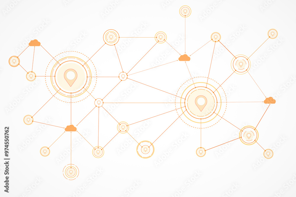 Poster Abstract network connections with location and cloud icons on a light background, representing digital connectivity and technology concepts. 3D Rendering