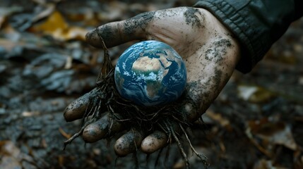 Obraz premium Hand with Earth Growing from it: A hand with the Earth growing out of the palm, with roots intertwining with the fingers, representing connection to nature. 