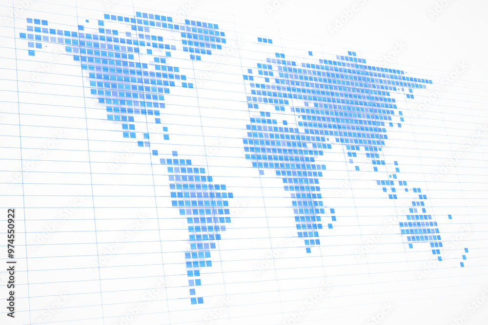 Poster a blue pixelated world map is depicted on a white background with light gradient effects, representi