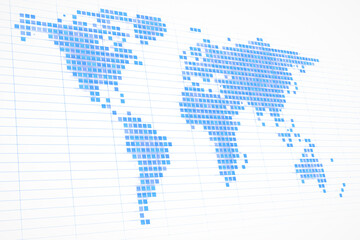 A blue pixelated world map is depicted on a white background with light gradient effects, representing a modern business and technology concept. 3D Rendering