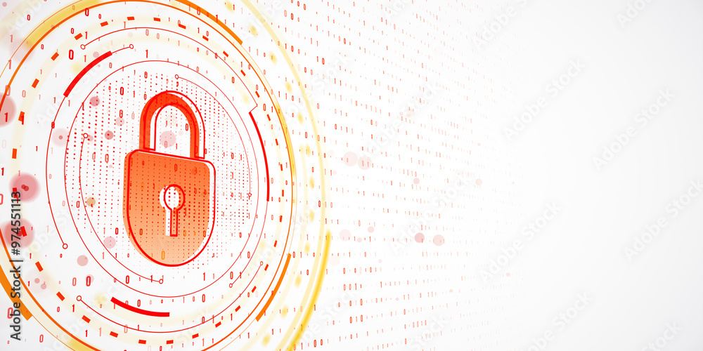 Poster Digital padlock icon with binary code on light gradient background. Concept of data security and cyber protection. 3D Rendering