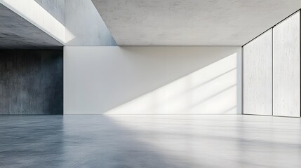Obraz premium A clean white wall and smooth texture in a minimalist interior, featuring an empty room with concrete floors, showcasing modern design aesthetics and stark contrasts in architectural photography.
