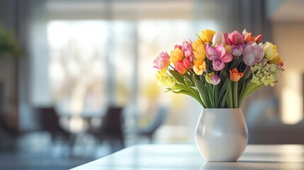 Bouquet of colorful tulips in a white vase on a sunny kitchen table, spring home decor concept