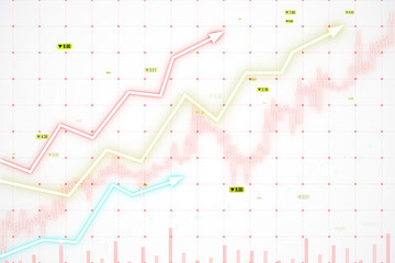Colorful arrows indicating business growth trends on a grid background. The graphic style is 3D rendering. Concept of business analysis