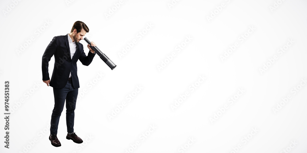 Poster businessman in a suit using a telescope. minimalist style on a white background. concept of vision, 