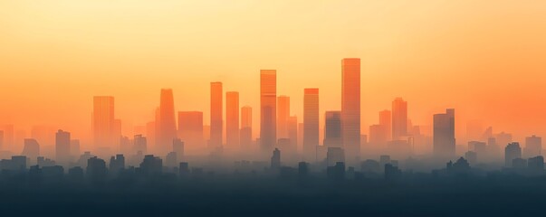 Fototapeta premium Stunning skyline at sunset, showcasing skyscrapers shrouded in a warm, hazy atmosphere. Perfect for urban and nature themes.