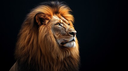 Majestic lion with mane on a dark background, wildlife portrait. Strength and regality concept